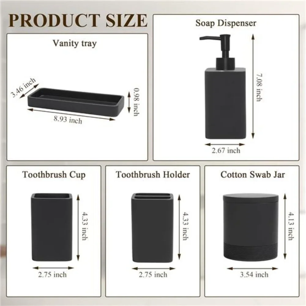 Matte Black Bathroom Accessories Set 6 Piece Soap Dispenser Toothbrush Holder